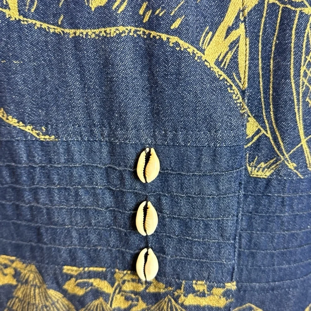 Molato African Denim Coat Jacket Duster Small Vintage 90s Gold Print